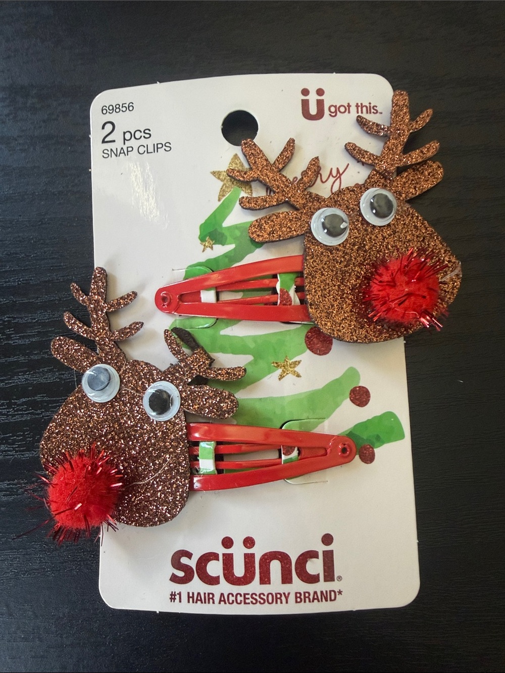 scunci Brown Glitter Reindeer Snap Hair Clips with Red Pom Pom Noses (2 pcs)